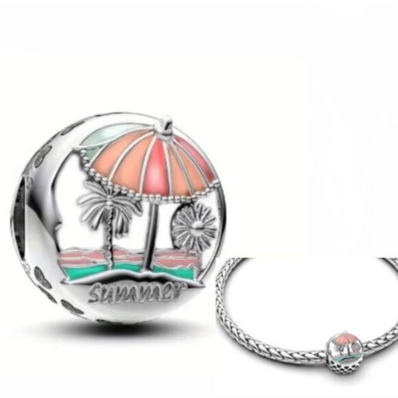 New  Sterling Silver Summer Beach Charm Umbrella, palm tree, ocean - Picture 1 of 5